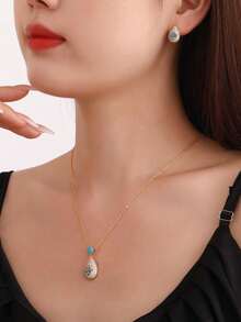 3 件套 18K 镀金水滴形绿松石和方晶锆石耳环项链首饰套装，适合日常佩戴和节日礼物 - 藍色 - 查看 5