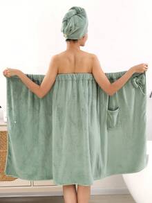 2 pièces Ensemble peignoir épais et bonnet de douche pour femmes grandes tailles - Vert menthe - Voir 3