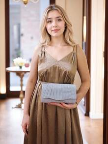 Bolso de mano con lentejuelas elegante - Correa de cadena dorada (uso cruzado/hombro), bordes con ribete metálico | Diseño fruncido, bolso de noche ligero para mujeres | 5 colores | Perfecto para bodas y bailes de graduación