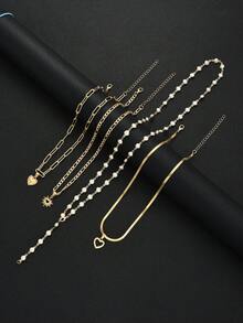 4 件时尚优雅金色心形仿珍珠多层 Y 型项链，是度假、约会、派对、生日等场合送给女性的完美礼物 - 金黃色 - 查看 7