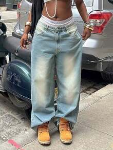 Jeans de pierna ancha de cintura media y baja lavados de estilo retro para mujeres en verano, estilo americano, corte holgado, estilizador, versátil, pantalones colgantes de papá de talla pequeña - Azul - Ver 3