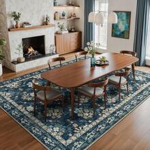 Washable Area Rug 5x7 - Soft Faux-Wool Area Rug Living Room Bedroom, Boho Vintage Floral Medallion Non-Slip Low Pile, Pet Friendly, Blue White - 海軍藍/米色 - 查看 4