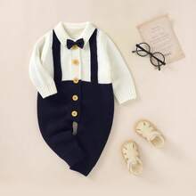 Infant Gentleman Style Knit Romper, Small Collar Bow Design, Casual Jumpsuit