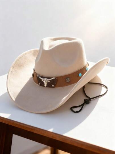 1 peça chapéu de feltro feminino com aba larga e formato de coração, aba larga marrom personalizada, cabeça de touro de metal, decoração turquesa, cordão ajustável, chapéu de cowboy ocidental unissex, estilo versátil