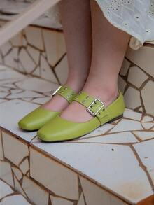 Women's Doll Shoes With Square Toe Eyelets - Verde Aguacate - Ver 1