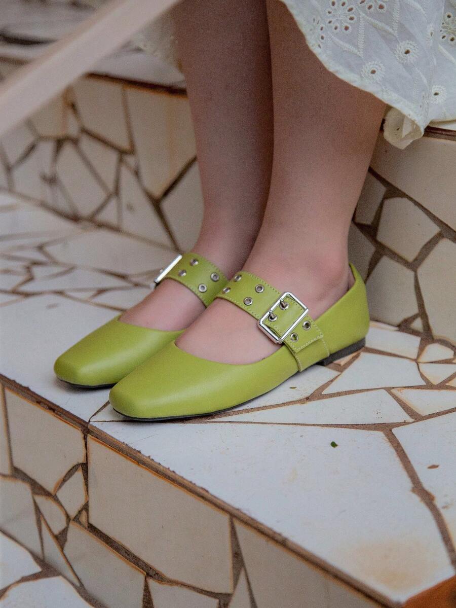 Women's Doll Shoes With Square Toe Eyelets - Verde Aguacate - Ver 1