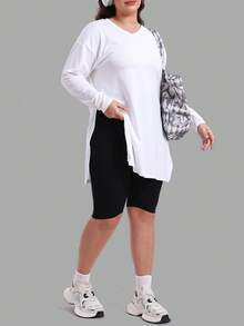 SUPEKYKO 大码V领T恤 - 女士宽松运动上衣，休闲长袖衬衫 白色 春季 - 白色 - 查看 7