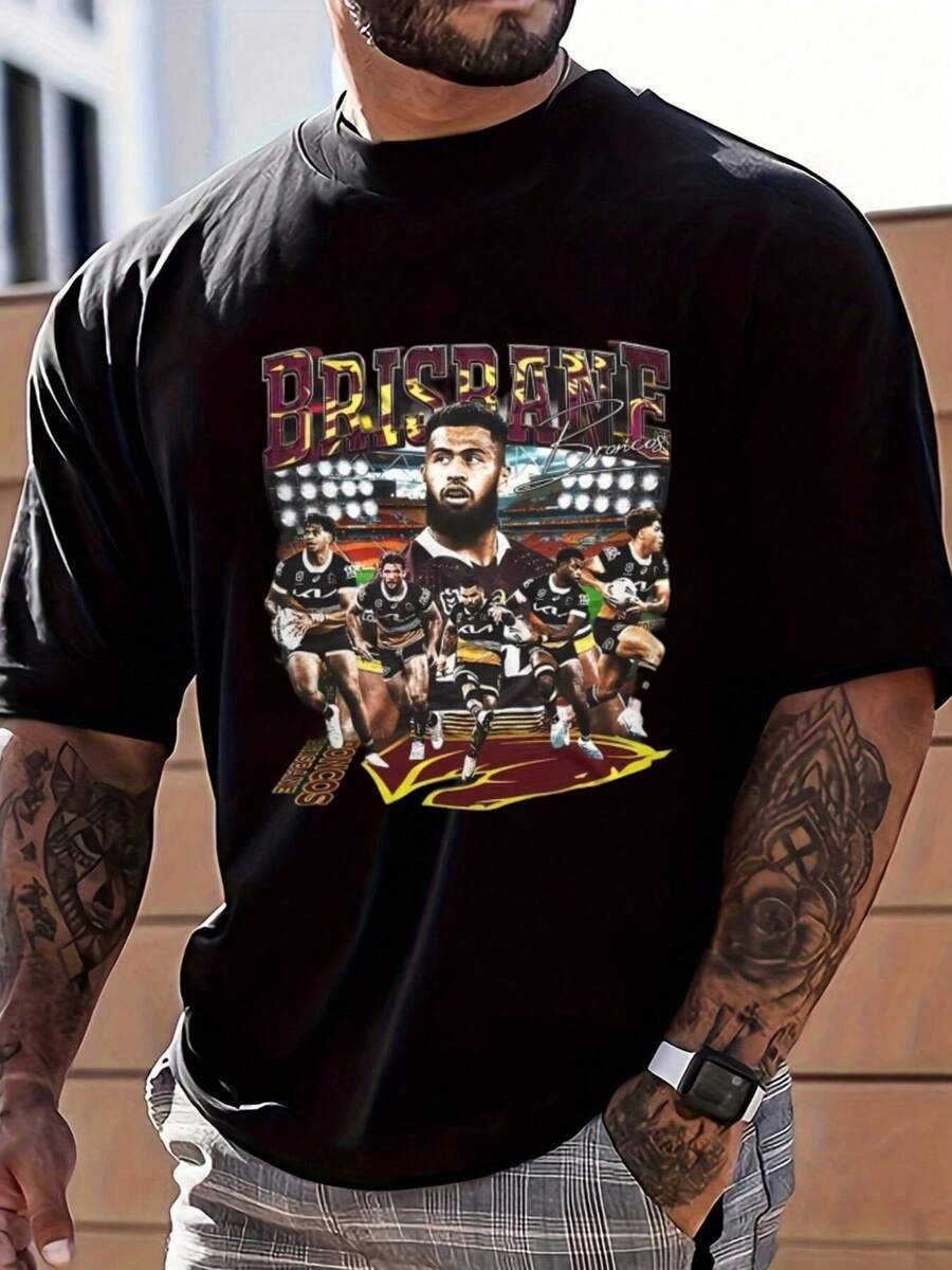 Brisbane Rugby Team Print Tee,Comfortable Casual Short Sleeve, 220 Grams Heavyweight Cotton Printed T-Shirt,Halloween - màu đen - Xem 1