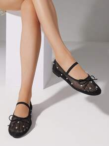 Women's Mule Flats Shiny Elastic And Bow Rhinestone Casual Mary Jane Ballet Shoes Party Date Flats - 黑色 - 查看 1