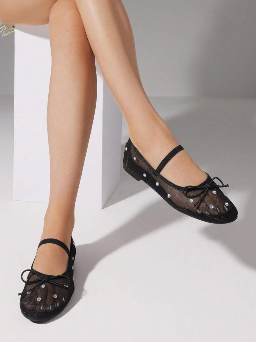 Women's Mule Flats Shiny Elastic And Bow Rhinestone Casual Mary Jane Ballet Shoes Party Date Flats - 黑色 - 查看 1