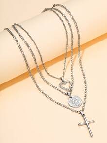 3pcs Stainless Steel Silver Cross, Evil Eye And Hollow Heart Pendant Necklace Set, Fashionable For Daily Decoration