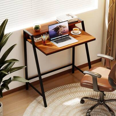  GOFLAME Computer Desk With Monitor Stand,80 Cm Small Desk Compact Desk With Ample Storage Space, 2-Tier Workstation Desk, Space-Saving Study Writing Table Dressing Table With Trapezoidal Structure For Home Office