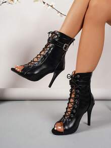 Women's High Heel Pointed Toe Lace-Up Hollow-Out Dance Fashion Boots - Black - View 5