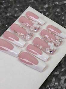 10 Stücke Y2K rosa und weiße quadratische Französisch Nagelsticker, wiederverwendbare reine handgefertigte Fake Nägel, Schleifen Design, Strass Dekoration, kleine weiße Blumen Verzierung, ein Muss-haben Nail Art für den Sommer, geeignet für Alltag, Party und Feiertagsoutfits, das perfekte Geschenk für Damen und Mädchen (zufällige Verpackungskarte)