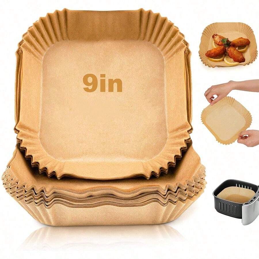 Disposable Air Fryer Paper Liners: 9 In Large Square Non Stick Parchment, Air Fryer Basket Liner For 8Qt - 12Qt Airfryer - Nâu vuông - Xem 1