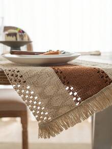 1 件米色底棕色复古波西米亚针织风格桌旗，家居装饰桌旗，厨房、餐厅、酒店、户外派对、节日装饰餐垫