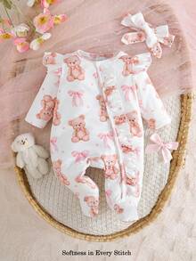 2pcs Baby Girl Casual Cute Bow Bear Print Jumpsuit With Headband Decor Set - Multicolor - View 4