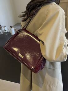 勃艮第女士托特包，PU 油皮单肩包，带链条，女士休闲、旅行、通勤手提包 - 酒紅色 - 查看 5