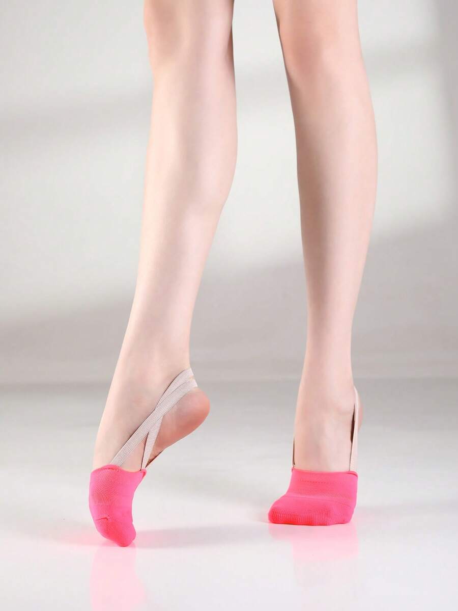 女童针织半趾舞蹈鞋、硅胶防滑半趾鞋、啦啦队韵律体操鞋、芭蕾舞袜、爵士舞拉伸旋转鞋 - 玫紅色 - 查看 1