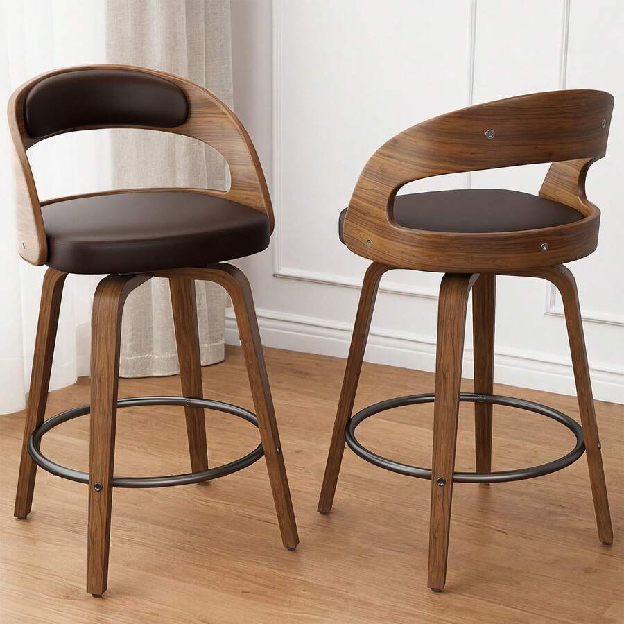 GIKPAL Swivel Bar Stools Set Of 2, 26" Counter Height Bar Stools With Bentwood Legs And Back, Mid-Century Modern PU Leather Upholstered Bar Chair For Kitchen Island, Bar, Restaurant, Brown - Brown-2pcs - View 1