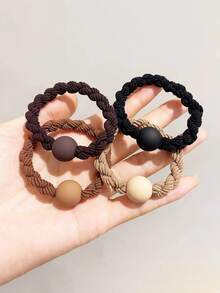 5pcs Coffee-Colored Thick Knitted Pom Pom Elastic Hair Ties, Casual & Versatile, Suitable For Autumn/Winter ,Ponytail Holders ,Hair Elastics ,Hair Rubber Bands ,Scrunchies ,Hair Rope ,Makeup