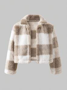 3pcs/Set Girls Solid Ribbed Fitted Set + Plaid Faux Fur Collar Jacket, Winter - Apricot - View 3