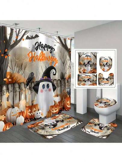 1/3/4 قطعة مجموعة ستارة دش هالوين، مجموعة حمام من 4 قطع، طباعة بنمط أشباح، طباعة رقمية، من مادة البوليستر، ستارة دش مقاومة للماء، بدون ثقب، فاصل حمام، مجموعة ستارة دش الحمام تشمل حصيرة على شكل حرف U، حصيرة حمام مضادة للانزلاق، حصيرة مرحاض ومستلزمات حمام، مناسبة لديكور المنزل، المناسبات، الديكور اليومي، ديكور هالوين، ديكور الحمام، ديكور الدش، هدية مثالية، هدية هالوين ديكور عيد الميلاد
