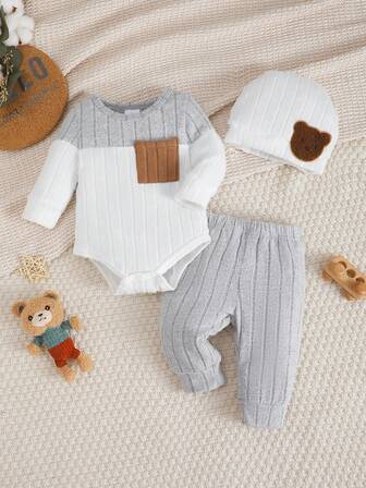 3件套新生儿男宝宝撞色连体衣+裤子+帽子套装，适合0-18个月宝宝