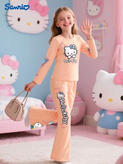 Sanrio Sanrio Hello Kitty Flame Retardant Girls Heart & Bow Print Crew Neck Top + Fitted Flare Pants 2 Pieces Set