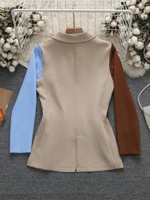 Women's Color Block Casual Long Sleeve Jacket - Khaki - View 2