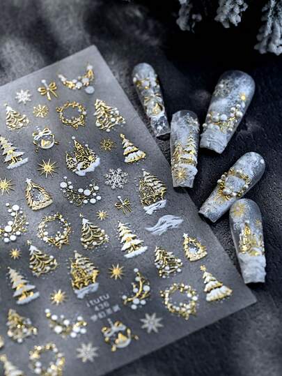 1 Piece Of New Christmas 5D Relief Nail Stickers, Hot Stamping Snowflakes, Christmas Trees, Stars, Bows, Nail Decorations Suitable For DIY Artistic Charm Design