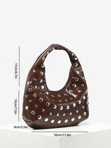 1pc Women's Retro Punk Boho Style Ocean Decor Beach Bag, Crocheted Rivet Oiled Leather Large Capacity Shoulder Satchel, Suitable For Outings, Parties, And Daily Wear - Brown - View 7