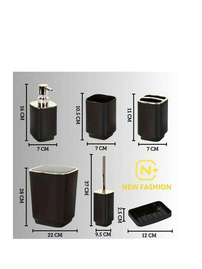 Juego de accesorios para baño 6 piezas en material PP – Moderna serie de baño. Dale un toque elegante y organizado a tu baño con este completo set de 6 piezas en material PP resistente y de fácil limpieza. Su diseño moderno combina practicidad y estilo, ideal para cualquier espacio. El kit incluye: 	•	1 jabonera 	•	1 vaso para enjuague 	•	1 porta cepillos de dientes 	•	1 dispensador de jabón líquido 	•	1 escobillero con cepillo para WC 	•	1 bote de basura  Perfecto para mantener la higiene y el orden en tu baño, con materiales duraderos y de calidad. set de baño 6 piezas, accesorios de baño completos, juego organizador baño, kit de baño moderno, jabonera porta cepillos dispensador, set con bote de basura y escobillero, accesorios baño material PP, organizador resistente baño, kit baño fácil de limpiar, accesorios para baño elegantes.