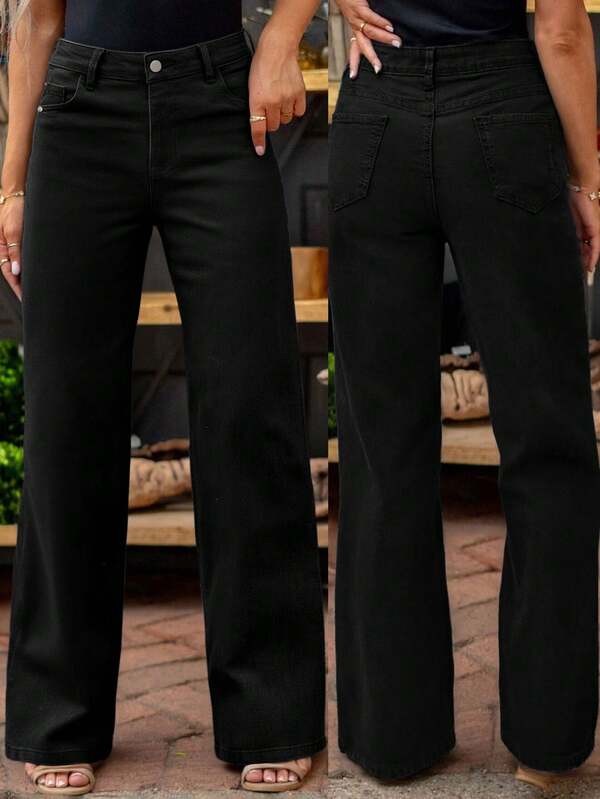 Plus Size Women's Black Pocketed Casual Straight Leg Jeans, Cotton Blend 67% With Stretch, Autumn/Winter