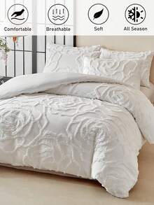 2/3 件白色玫瑰花朵图案簇绒涤纶羽绒被套，波西米亚风现代奢华大号床上用品套装，适合所有季节（1 个羽绒被套 + 1/2 个枕套），柔软透气，无填充物