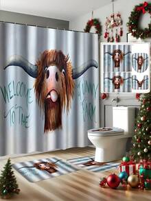 Set de baie cu imprimeu amuzant de vacă 1/4 buc, set decorativ pentru baie, perdea de duș impermeabilă cu cârlige, covoraș antiderapant, husă pentru scaun de toaletă și covoraș în formă de U, separator pentru cadă, accesorii pentru baie, decor pentru casă, set de duș cu perdea pentru fereastră pentru baie, decor pentru baie, decor de Crăciun