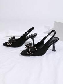 Fall/Winter New Stylish Black Kitten Heel Rhinestone Bow Decor Office Party Wedding Women High Heel Pumps, Elegant - Black - View 2