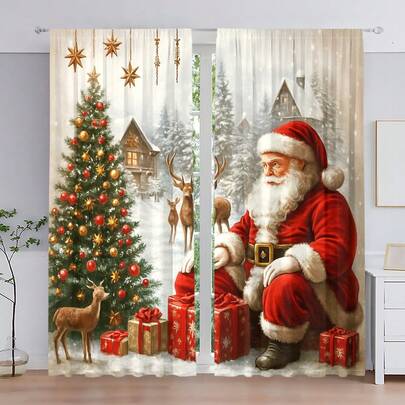 2 pezzi Set di tende da finestra per decorazione natalizia, stampa 2D di Babbo Natale, renne, albero di Natale, scatolo regalo, paesaggio invernale nevoso, tende a tema natalizio per soggiorno, camera da letto, cucina