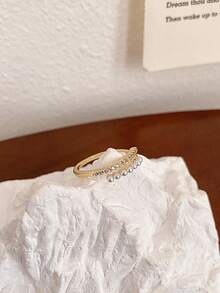 1pc Fashionable Minimalist Faux Pearl & Rhinestone Openable Metal Ring, Suitable For Women's Daily And Holiday Wear - Gold - View 3