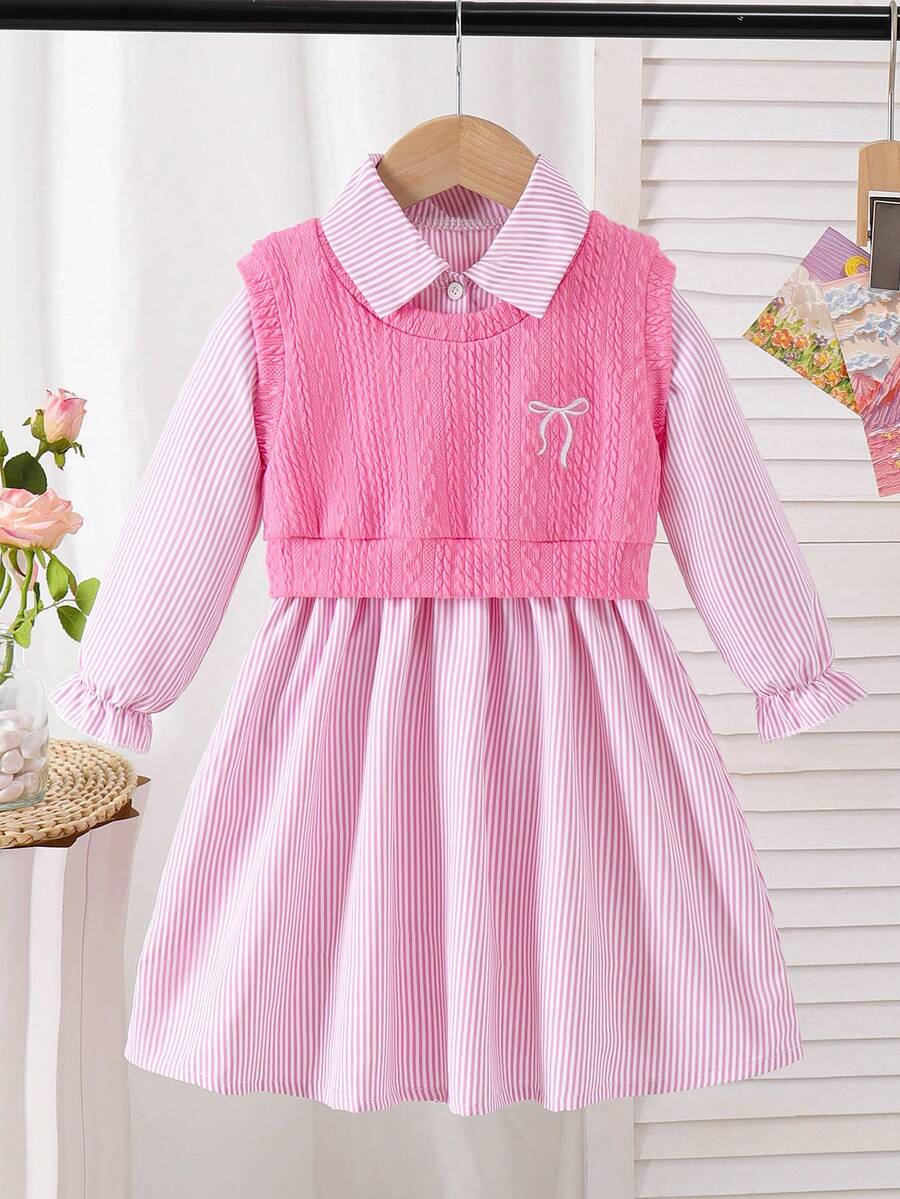 少女校服蝴蝶结刺绣针织背心+条纹长袖翻领衬衫裙两件套 - 粉色 - 查看 1