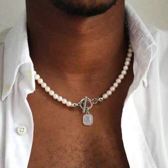 1pc New Classic 26 Initial 6mm Imitation Pearls Toggle Clasps Necklace For Men