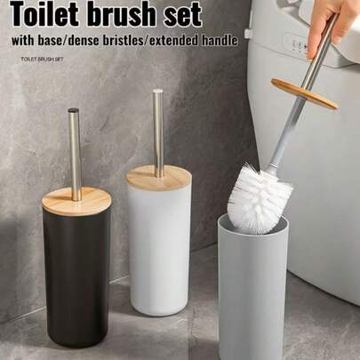 [1 Juego de Cepillo de Baño] Cepillo de Baño de Bambú con Mango Largo y Cubo de Almacenamiento de Plástico, Diseño Portátil, Herramienta de Limpieza de Inodoro, Accesorios de Baño de Estilo de Lujo