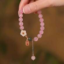 Fashionable Pink Cherry Blossom Glass Bracelet - A Stylish Cherry Blossom Inspired Beaded Wristband For Women, Ideal As A Birthday Gift. - Peach Color Tassel Bracelet - View 2