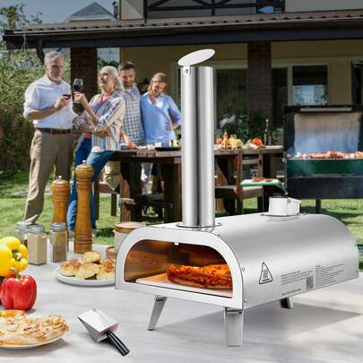 Dual Fuel Pizza Oven Outdoor, 12 Inch Wood Fire & Propane Gas Pizza Oven, Pellet & Propane Pizza-Maker With Thermometer, Stainless Steel Pizza-Cook For Outside Camping & Backyard