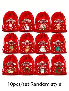 10 件/套大型圣诞装饰礼品袋，12 个圣诞主题图案礼品袋，天鹅绒抽绳礼品袋，适合圣诞节和万圣节（随机图案）