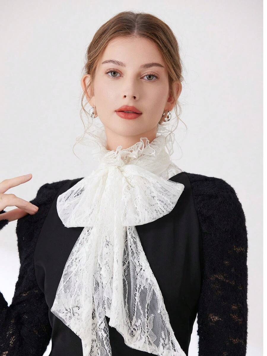 1pc White Lace Bow Collar,Festival,Travel - White-399 - View 1