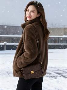 2025 Autumn And Winter Solid Color Zipper Regular Jacket, Women's Elegant Plush Coat, Daily Travel Fashion Items - 棕色 - 查看 5