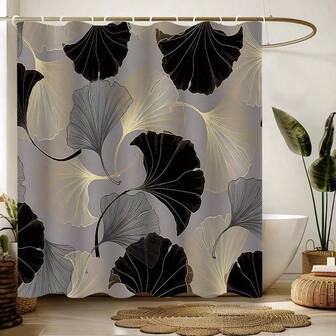 1 件创意时尚金色银杏叶简约现代风格，高品质印花浴帘，防水耐用涤纶，带挂钩和衬里，适用于浴室装饰，四季圣诞装饰