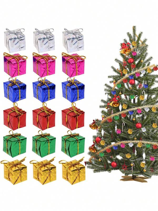 48pcs Christmas Tree Mini Shiny Gift Box Hanging Decorations, Aluminum Foil DIY Gift Wrapping Boxes, Christmas Yard Hanging Decorations Party Supplies - Add Some Atmosphere To Your Christmas Party Decorations!