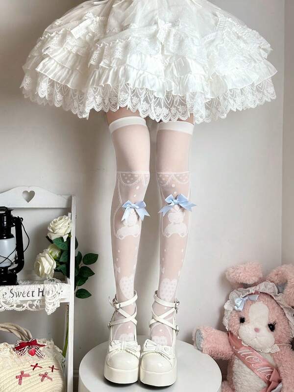 زوج من جوارب فوق الركبة الجاكار الكيوت للنساء مع فيونكة، متعددة الاستخدامات للربيع والصيف